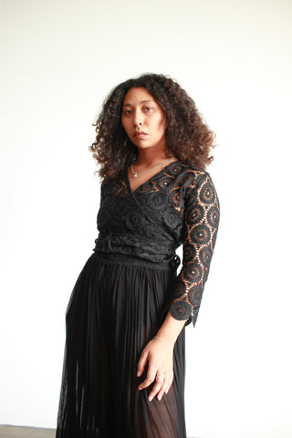 1970s Black Lace Cutout Wrap Blouse
