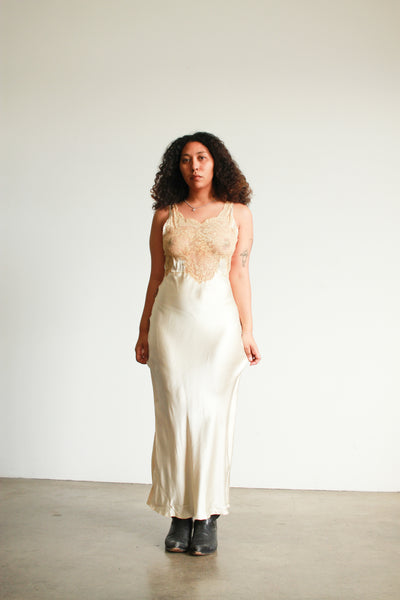 1940s Champagne Silk Lace Bias Slip Dress