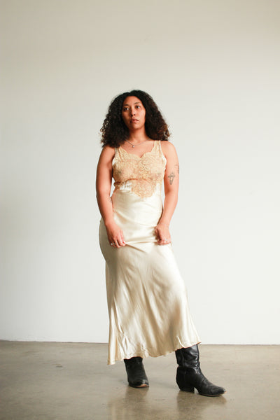 1940s Champagne Silk Lace Bias Slip Dress