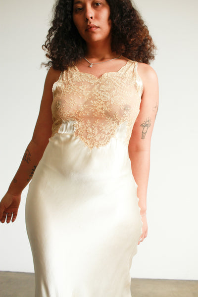 1940s Champagne Silk Lace Bias Slip Dress