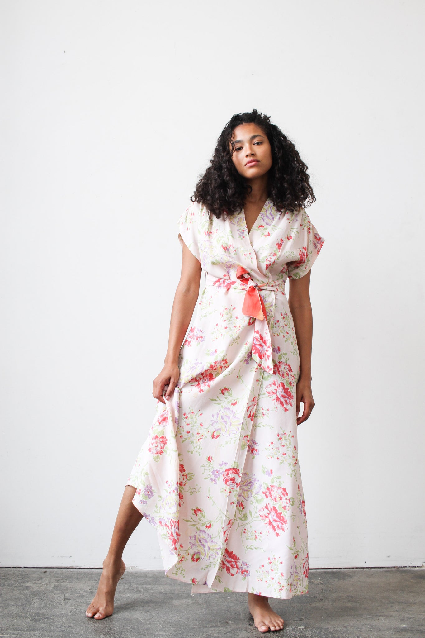 1940s Blush Rose Print Cold Rayon Wrap Dressing Gown