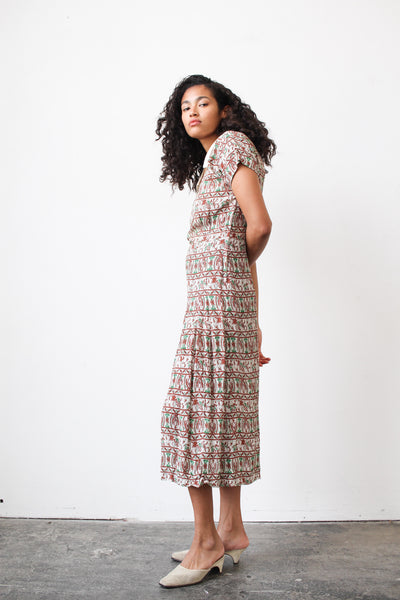 1940s Sparrow Print Rayon Pleated Dress