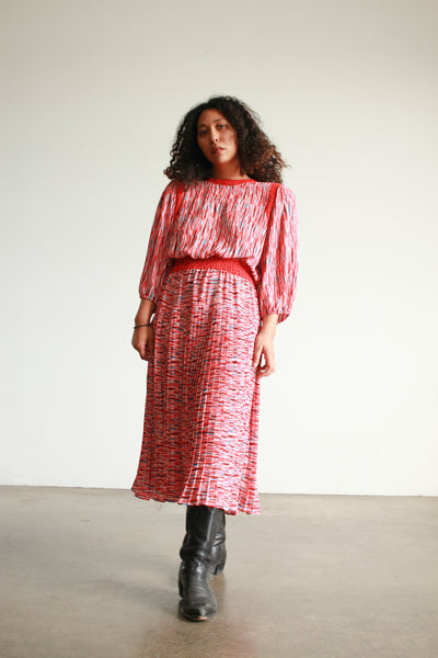 1980s Diane Freis Cherry Red Print Pleated Dress