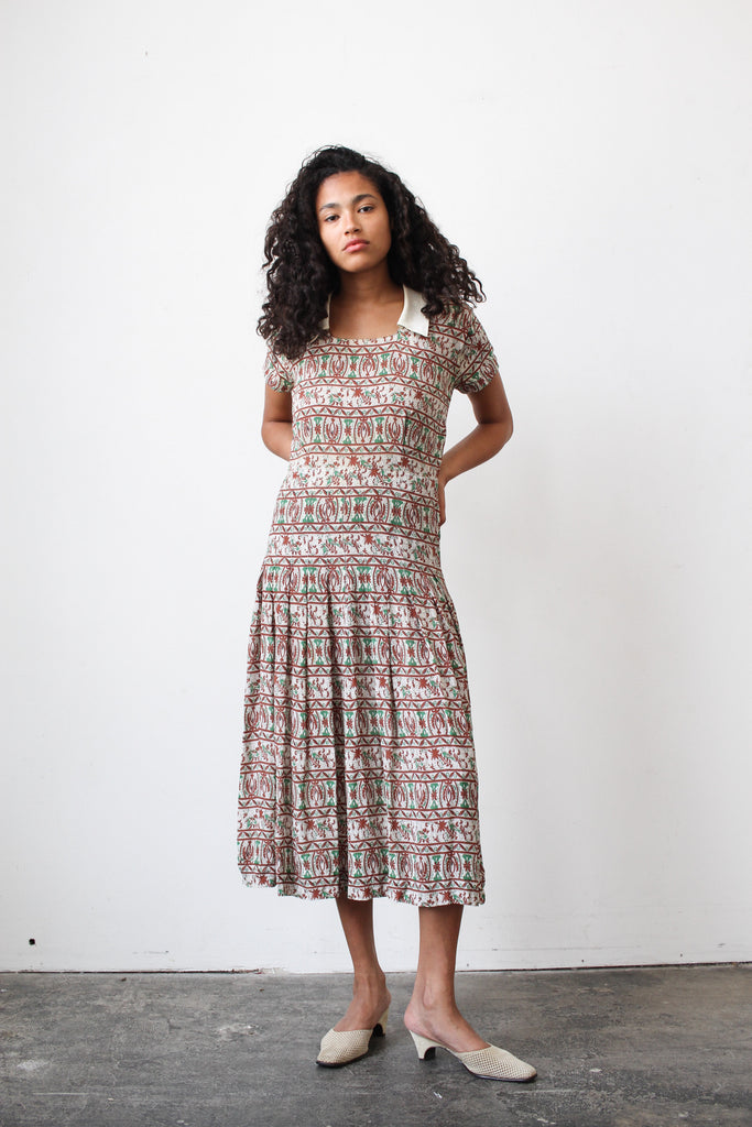 1940s Sparrow Print Rayon Pleated Dress – Blossom Vintage
