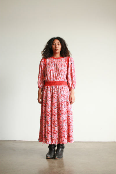 1980s Diane Freis Cherry Red Print Pleated Dress