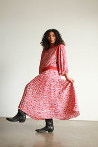 1980s Diane Freis Cherry Red Print Pleated Dress