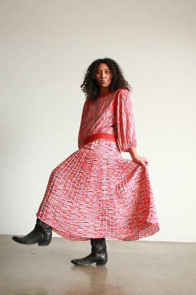1980s Diane Freis Cherry Red Print Pleated Dress