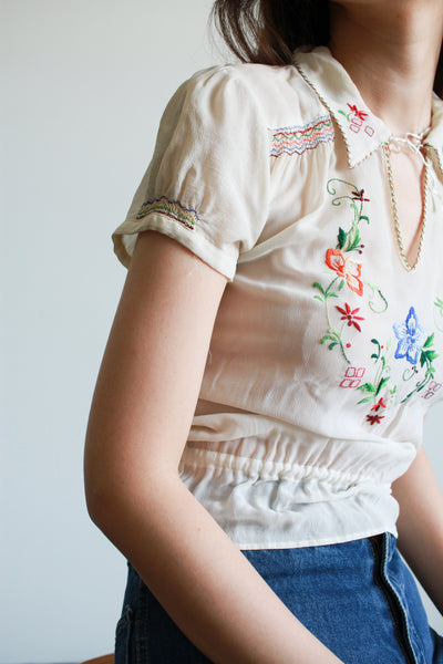 1930s Ecru Silk Hungarian Peasant Blouse
