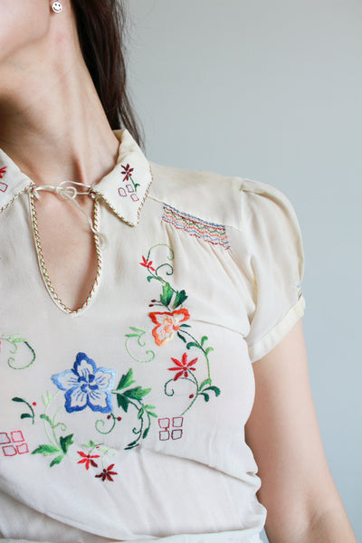 1930s Ecru Silk Hungarian Peasant Blouse