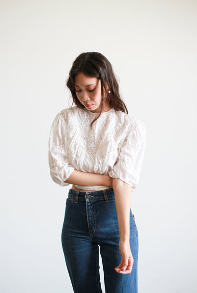 Edwardian Antique White Cotton Lace Inlay Blouse
