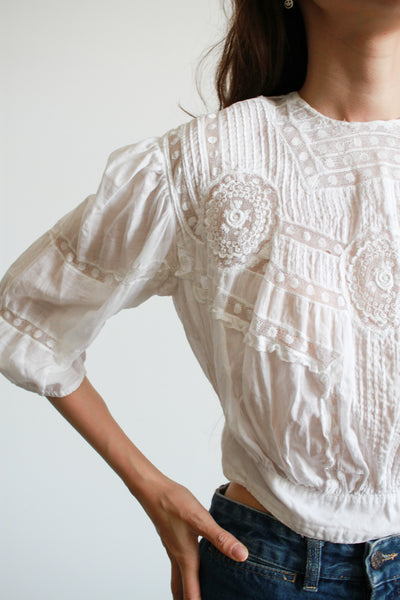 Edwardian Antique White Cotton Lace Inlay Blouse