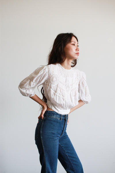 Edwardian Antique White Cotton Lace Inlay Blouse