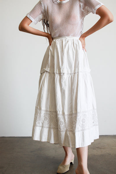 Victorian Antique White Cotton Eyelet Trim Skirt
