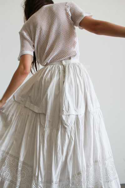 Victorian Antique White Cotton Eyelet Trim Skirt