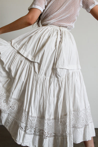 Victorian Antique White Cotton Eyelet Trim Skirt