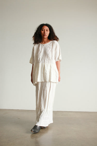1990s White Eyelet Embroidered Linen Skirt Set