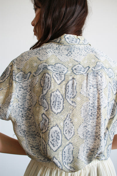 1990s Taupe Reptile Print Silk Blouse