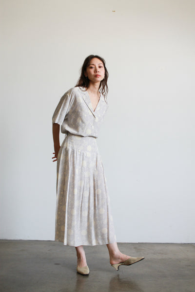 1980s Pale Lilac Calvin Klein Silk Skirt Set