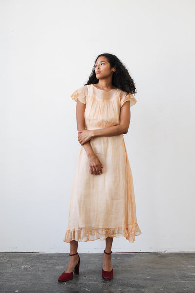1930s Orange Sherbet Organza Sheer Ruffled Dress