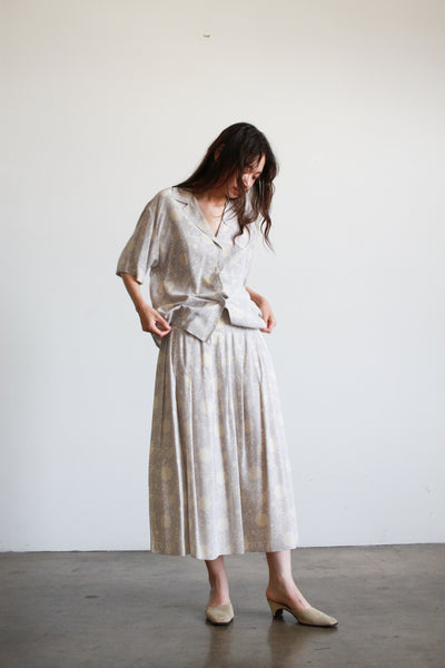 1980s Pale Lilac Calvin Klein Silk Skirt Set