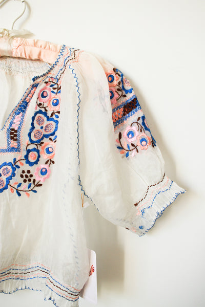 1940s Hungarian Blue Embroidered Peasant Blouse