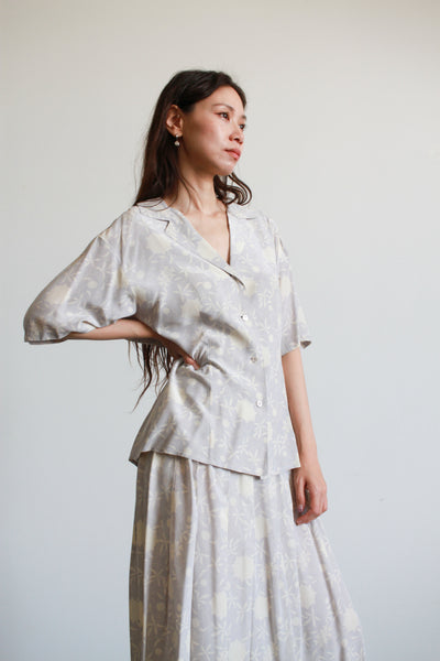 1980s Pale Lilac Calvin Klein Silk Skirt Set