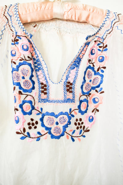 1940s Hungarian Blue Embroidered Peasant Blouse