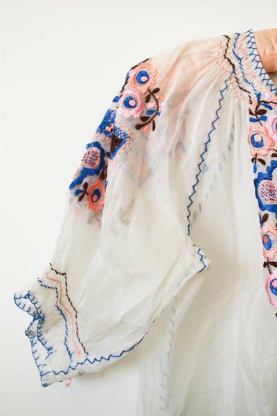1940s Hungarian Blue Embroidered Peasant Blouse