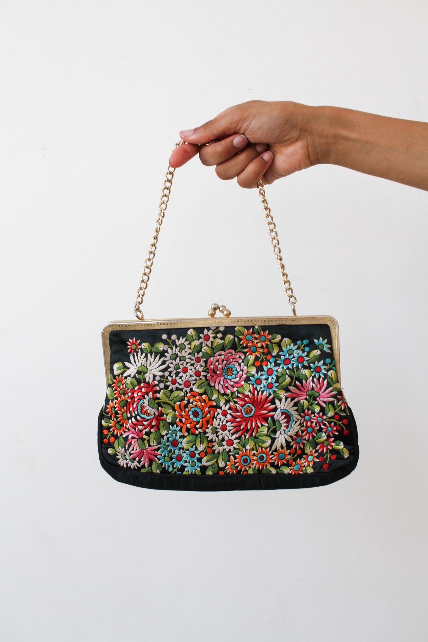 1950s Heavy Embroidered Silk Black Handbag