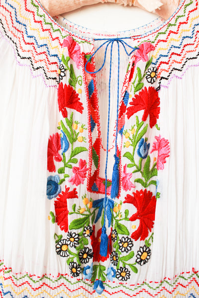 1940s Hungarian Embroidered Cotton Voile Peasant Dress