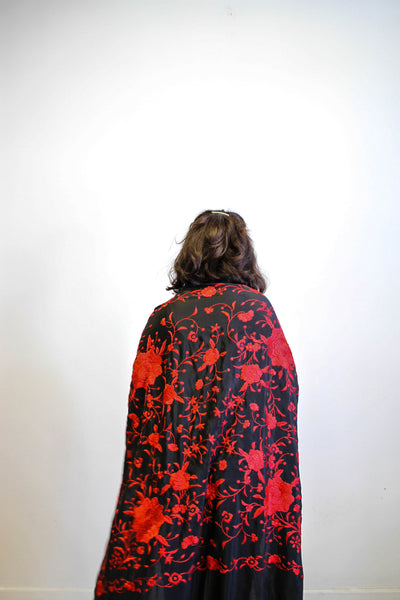 1930s Canton Black Silk Embroidered Piano Shawl