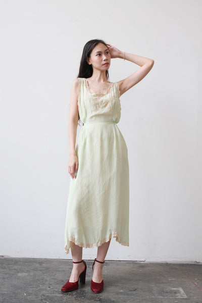 1940s Melon Green Silk Bias Slip Dress