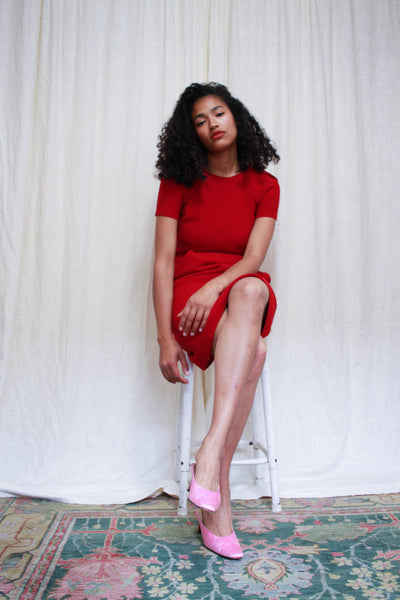 1980s Crimson Red Cap Sleeve Dress
