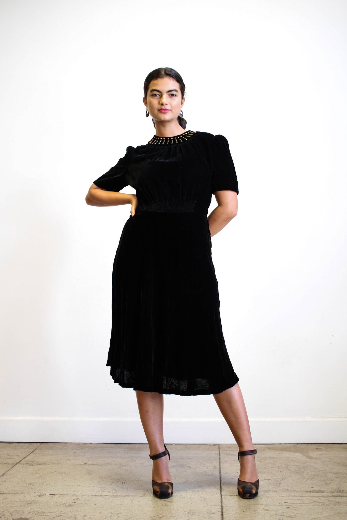 1940s Black Velvet Studded Collar Dress
