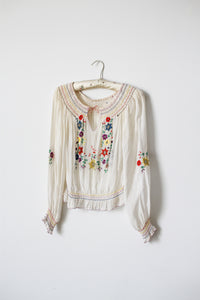 1940s Hungarian Silk Embroidered Long Sleeve Peasant Blouse