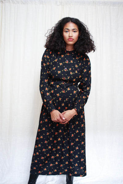 1980s Black Karavan Rayon Print Dress