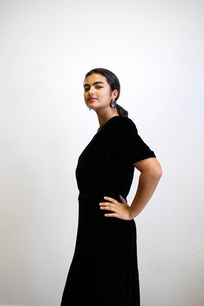 1940s Black Velvet Studded Collar Dress