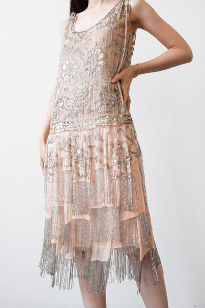 1920s Blush Chiffon Silver Beaded Flapper Dress