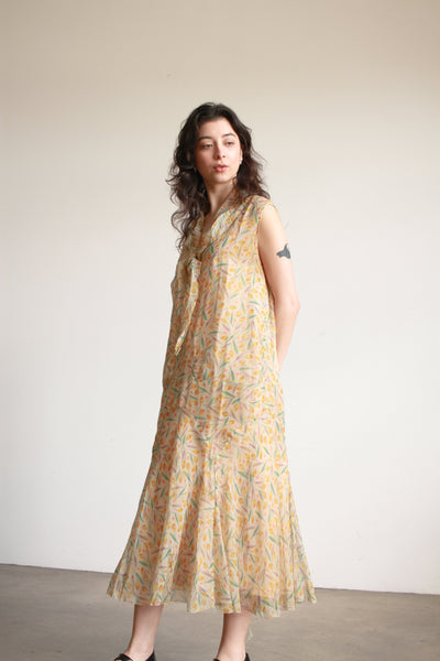 1920s Yellow Tulip Print Chiffon Dress