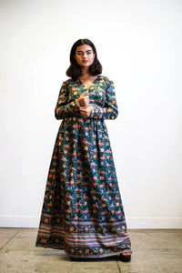1970s Emerald Silk Print Maxi Dress