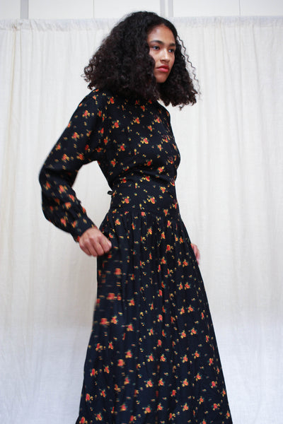 1980s Black Karavan Rayon Print Dress