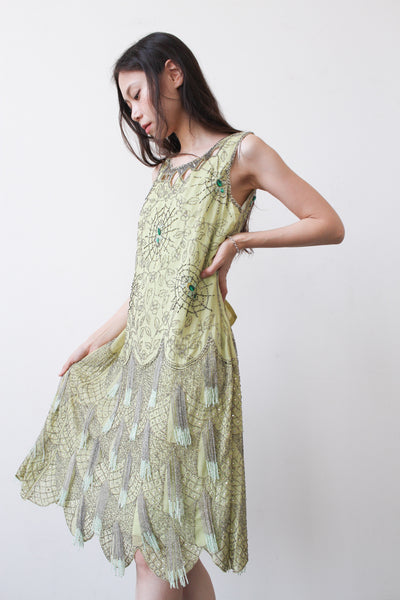 1920s Celery Green Chiffon Spiderweb Beaded Flapper Dress