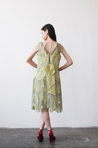 1920s Celery Green Chiffon Spiderweb Beaded Flapper Dress