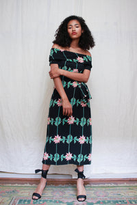 1940s Rare Cold Rayon Print Off Shoulder Gown