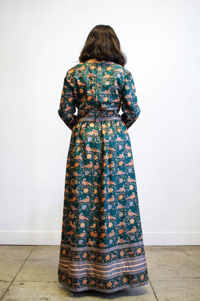 1970s Emerald Silk Print Maxi Dress