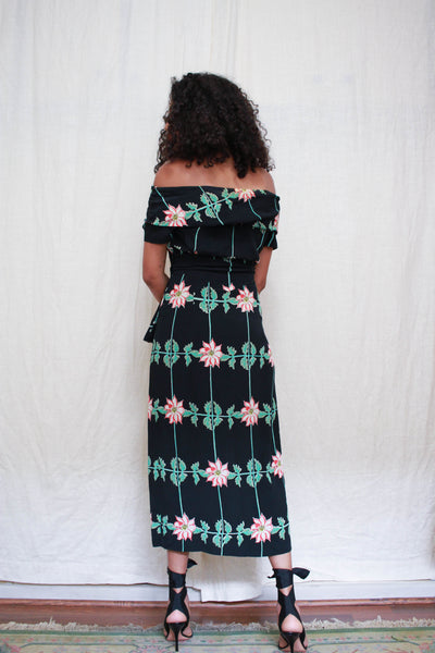 1940s Rare Cold Rayon Print Off Shoulder Gown