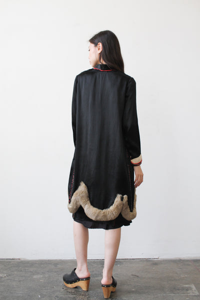 1920s Rare Black Silk Fur-Trim Dress Set