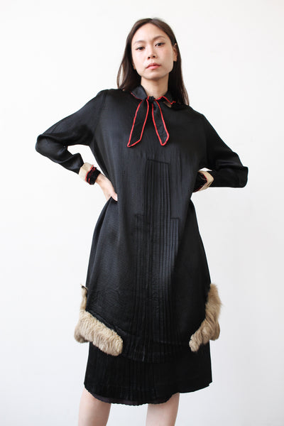 1920s Rare Black Silk Fur-Trim Dress Set