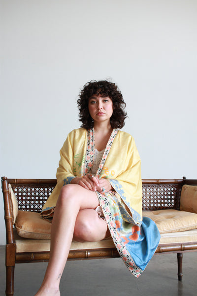 1920s Silk Soft Pastel Japanese Motif Printed Reversible Kimono