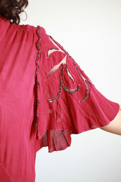 1930s Raspberry Crepe Bias Flutter Sleeve Dress